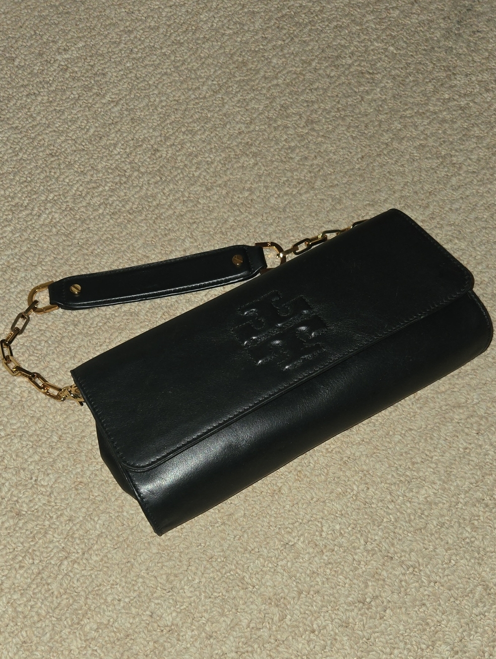 Tory Burch Black Leather Chain-Handle Wristlet Clutch